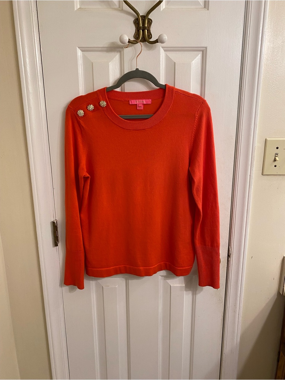 LILLY PULITZER Crewneck Sweater Vibrant Orange-Red Size Small Jeweled Shoulder - Picture 12 of 12